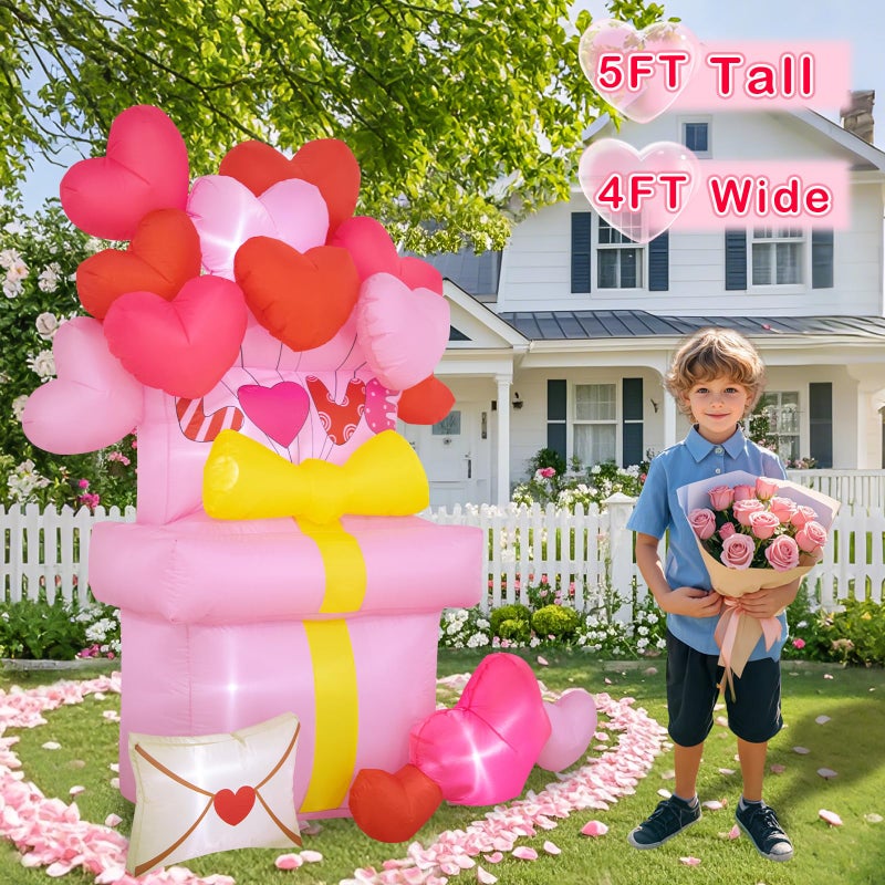 anroog Valentines Day Inflatables Outdoor Decorations 5FT Love Valentine Gift Box Blow Up Yard Decorations Heart Balloons Spring Inflatable Built-in LED Lights Outside Holiday Party Garden Lawn Decor - Image 2