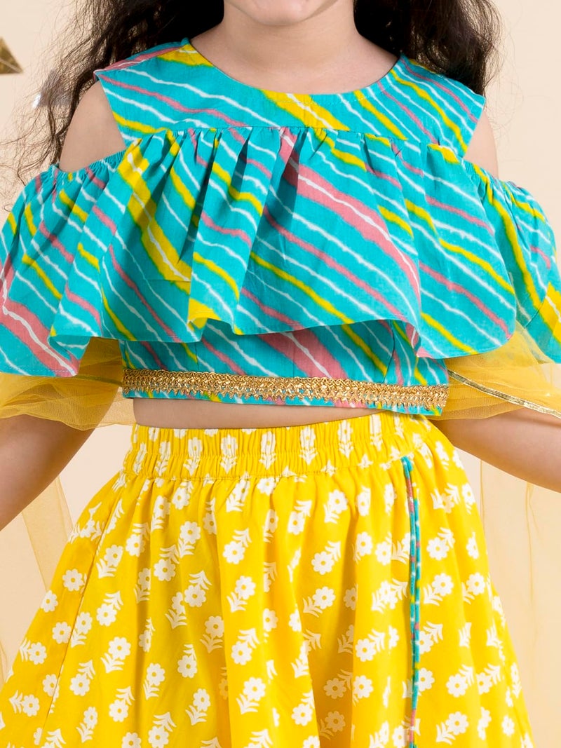 Pspeaches Girls Cotton Yellow Blue Printed Ready To Wear Readymade Lehenga Set Blouse With Dupatta (Yellow-8-10Y), 8-10 Years - Image 2