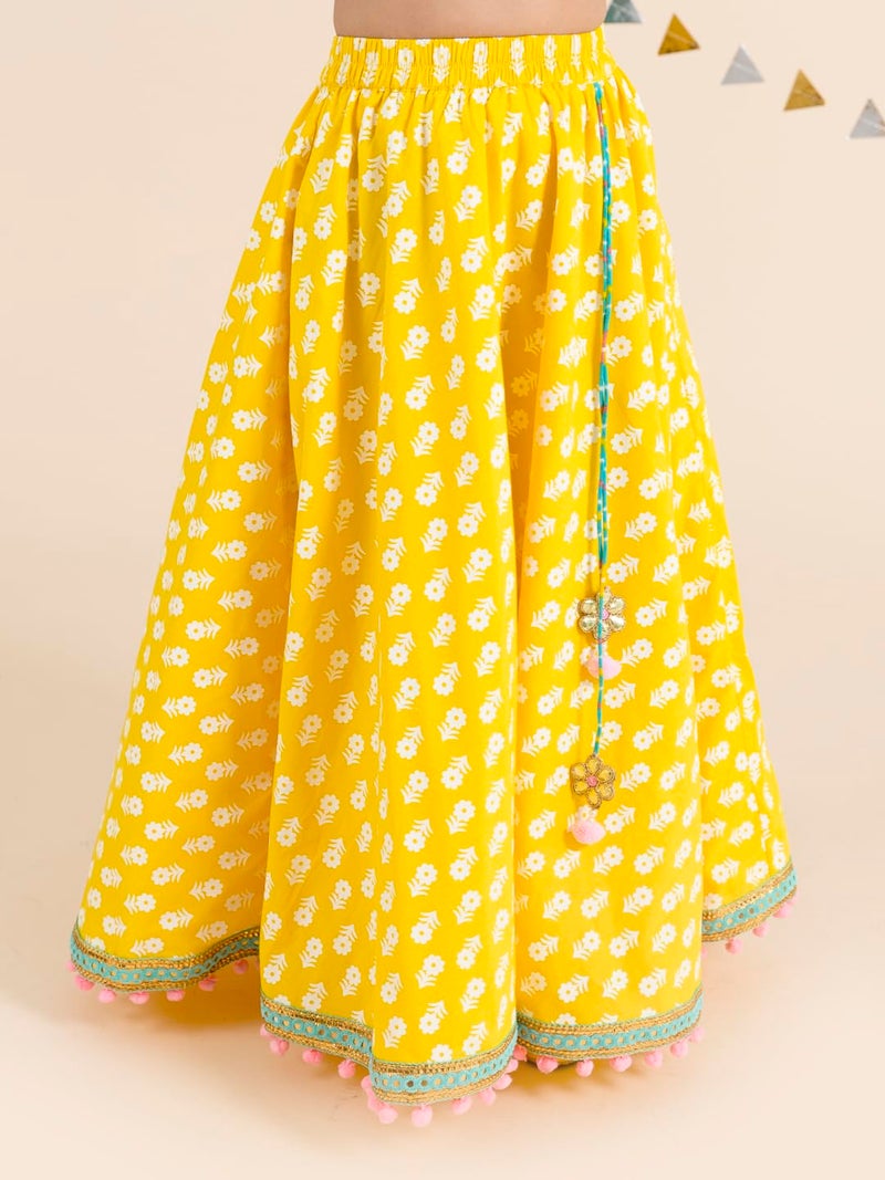 Pspeaches Girls Cotton Yellow Blue Printed Ready To Wear Readymade Lehenga Set Blouse With Dupatta (Yellow-8-10Y), 8-10 Years - Image 3