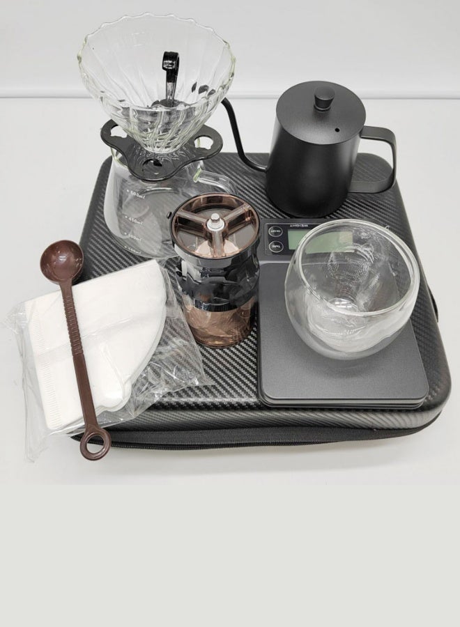 Portable Hand-Brew Coffee Maker Set for Travel & Camping – Manual Grinder + Kettle + Filters + Scale + Glass Cups + Storage Bag  - Image 3