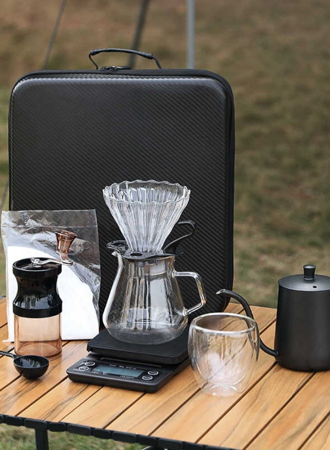 Portable Hand-Brew Coffee Maker Set for Travel & Camping – Manual Grinder + Kettle + Filters + Scale + Glass Cups + Storage Bag  - Image 1
