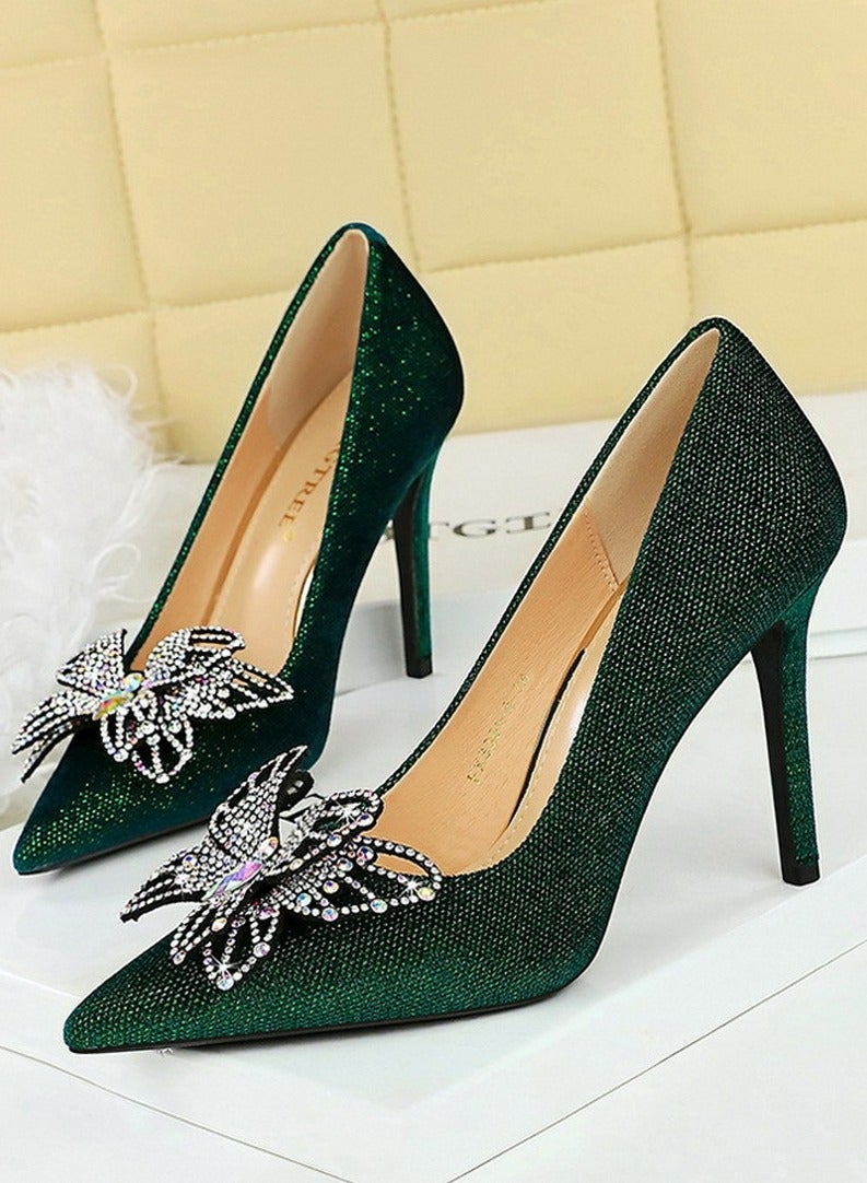 BIGTREE Women's Suede Closed Pointed Toe Stiletto Pump Rhinestone Bowknot Decoration High Heels Green 10CM - Image 1