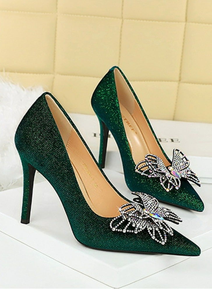 BIGTREE Women's Suede Closed Pointed Toe Stiletto Pump Rhinestone Bowknot Decoration High Heels Green 10CM - Image 2