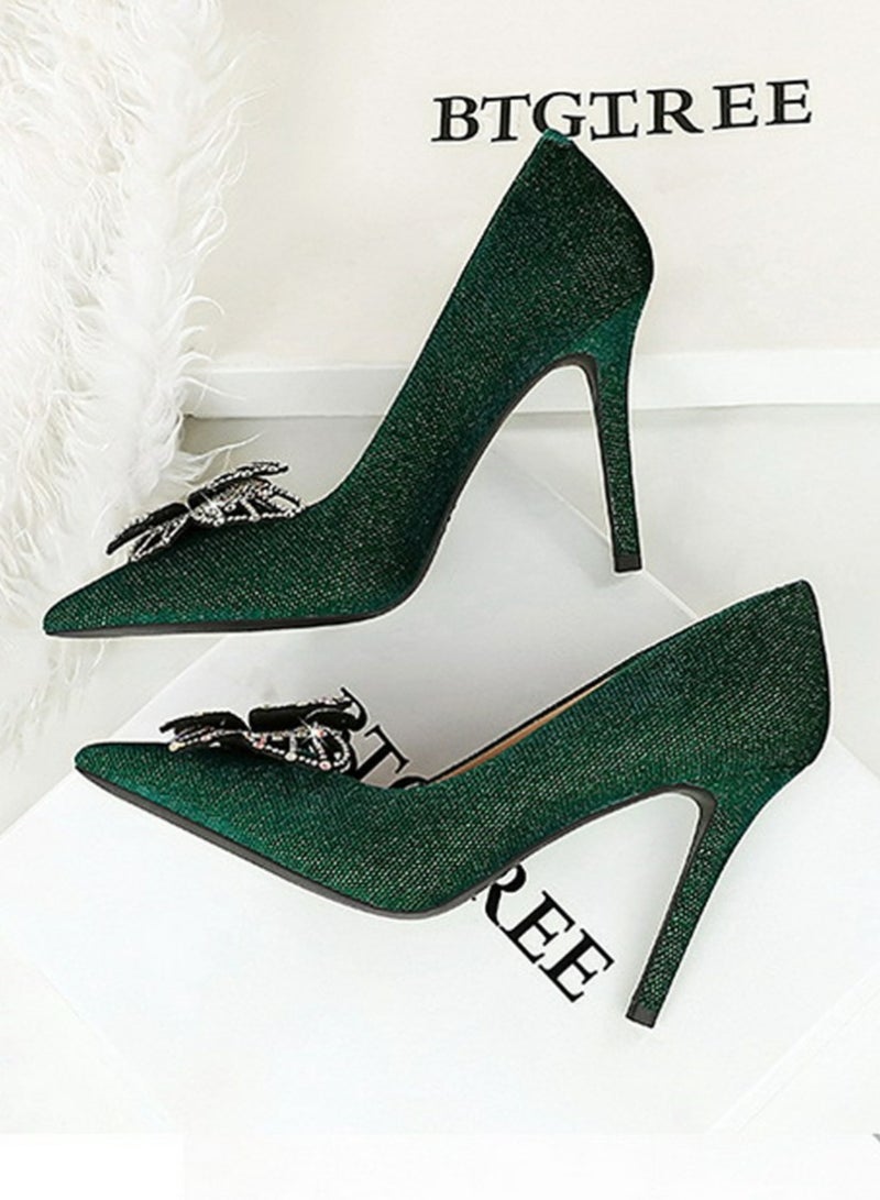 BIGTREE Women's Suede Closed Pointed Toe Stiletto Pump Rhinestone Bowknot Decoration High Heels Green 10CM - Image 3