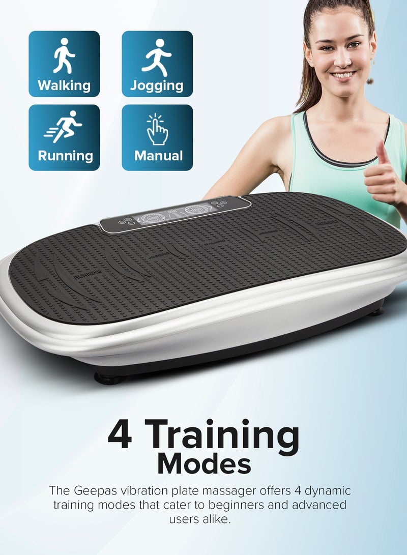 Geepas Vibration Plate Massager - GVP86107/ with 4 Training Modes and Touchscreen Display, Bluetooth Music, Adjustable Time and Speed, with Remote Control/ Perfect for Muscle Toning, Fat Burning, Blood Circulation, Reduce Stress and Tension, Improve Balance, etc./ White and Grey, 2 Years Warranty - Image 4
