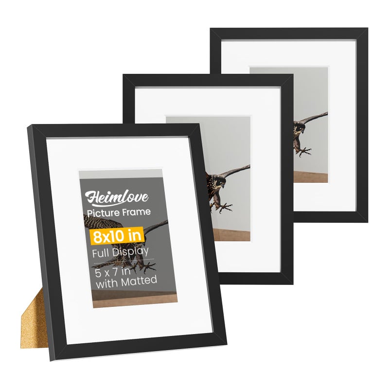Heimlove 8x10 إطارات الصور مجموعة من 3 مع حصيرة لعرض 5x7 صورة بلاستيكية إطار الصورة السوداء للملصق شهادة دبلوم ووثائق مع طاولة وجدار ديكور - Image 1
