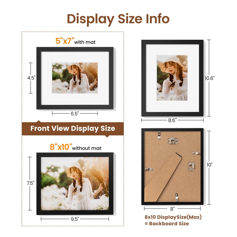 Heimlove 8x10 إطارات الصور مجموعة من 3 مع حصيرة لعرض 5x7 صورة بلاستيكية إطار الصورة السوداء للملصق شهادة دبلوم ووثائق مع طاولة وجدار ديكور - Image 4