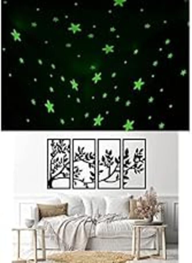 Bundle of 100 Pcs Home Wall Glow In The Dark Stars Stickers Kids Room Decoration + Decorative tree Sticker wall art 4 panels 80X140 cm