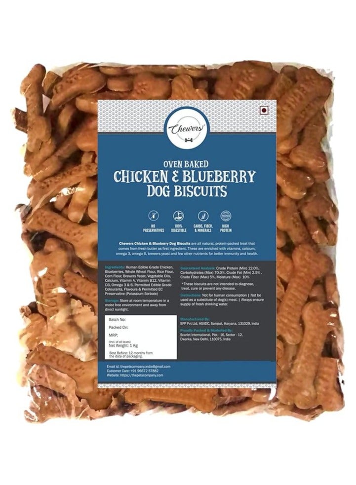 Chewers Oven Baked Real Chicken & Blueberry Dog Biscuits, Chicken Flavour, Dog Treat 1 Kg