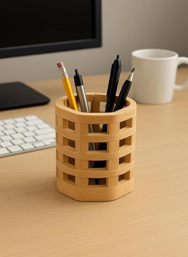 SEVIA Bamboo Wooden Pen & Pencil Holder, Polygonal Hollow Desk Organizer for Office, Home & Students, Multi-Purpose Stand for Makeup Brushes, Paint Brushes, and Kitchen Utensils - Image 4