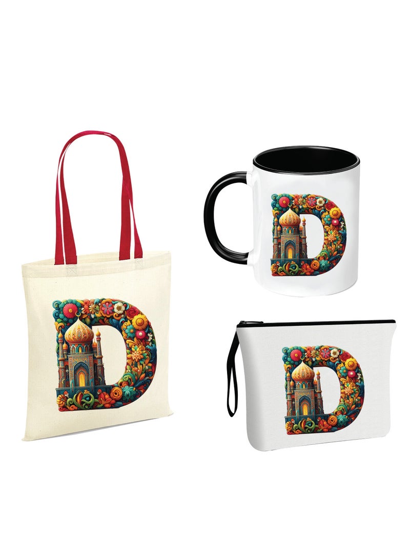PRINTSHOP4ME Pack of 3 Initial Monogram Gift Set - Black Coffee Mug, Cosmetic Bag and Cotton Tote bag Set - Gift Set for Her - Perfect for Ramadan, School, Travel and Birthday Gift - Image 1