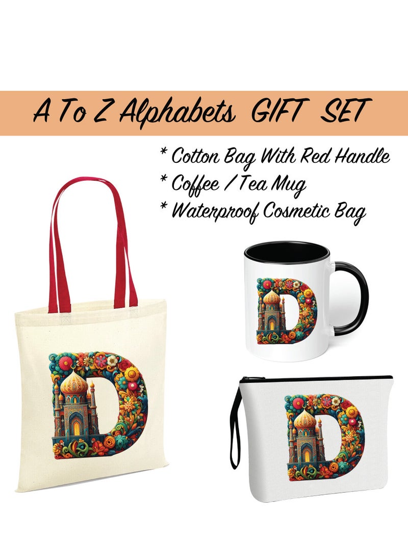 PRINTSHOP4ME Pack of 3 Initial Monogram Gift Set - Black Coffee Mug, Cosmetic Bag and Cotton Tote bag Set - Gift Set for Her - Perfect for Ramadan, School, Travel and Birthday Gift - Image 2
