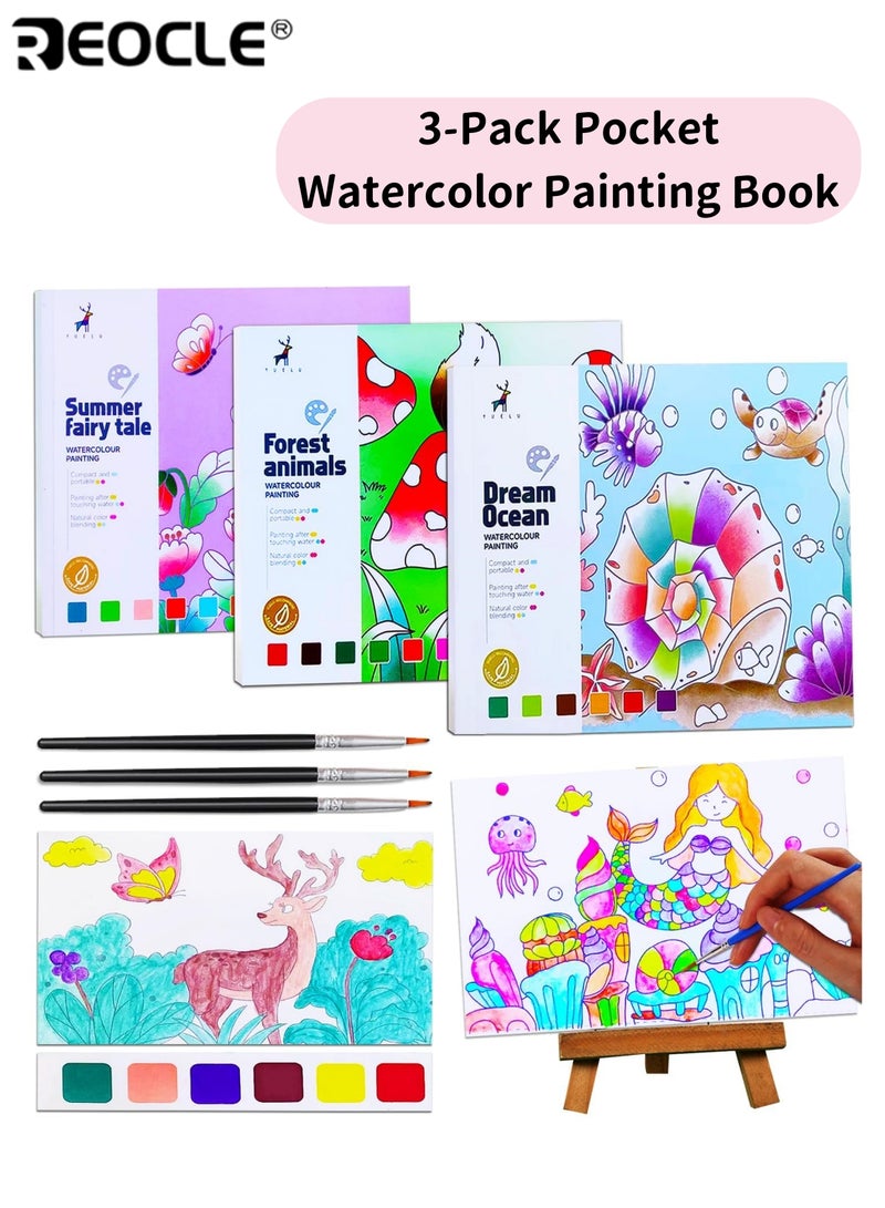 REOCLE 3PCS Watercolor Painting Book Travel Pocket Watercolor Kit With Paints Arts and Crafts Watercolor Coloring Books Non-Toxic Washable Suitable for Home Travel Ideal for Kids Ages 3+ Boys Girls - Image 1
