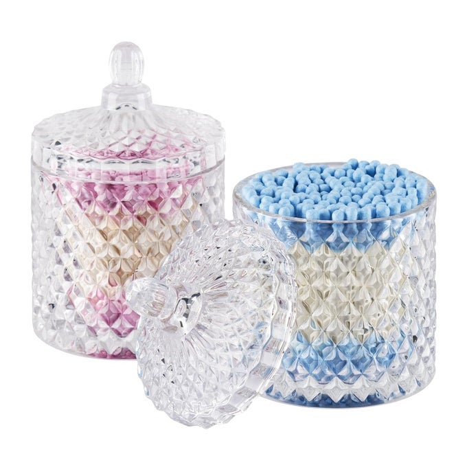 GLASS JARS BATHROOM STORAGE ORGANIZER CUTE QTIP DISPENSER HOLDER VANITY CANISTER JAR GLASS WITH LID COTTON SWABS CONTAINER STYLISH FUNCTIONAL AND DURABLE DESIGN 2 PCSSET CLEAR