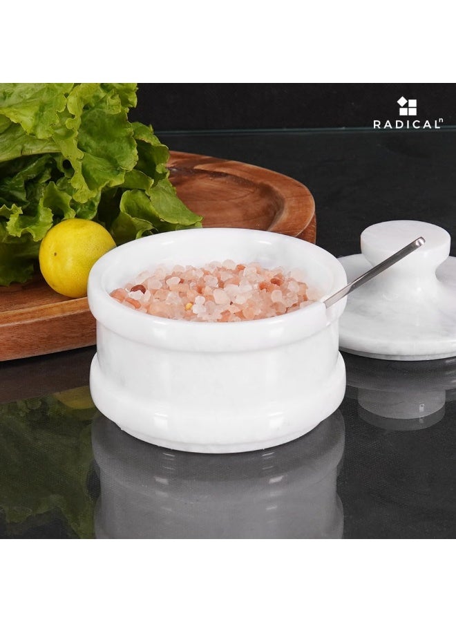 راديكالن قبو ملح من الرخام الأبيض مع غطاء | برطمان توابل وملح مصنوع يدويًا، مقاس 3.5 بوصة، مناسب لطاولة المطبخ - Image 2