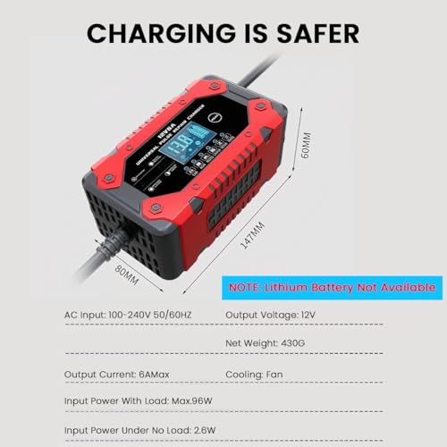 STHIRA® Fully Automatic Car Battery Charger,12V6A Battery Charger,Trickle and Maintainer Smart LCD Multifunctional Vehical for Lead Acid Charging - Image 2