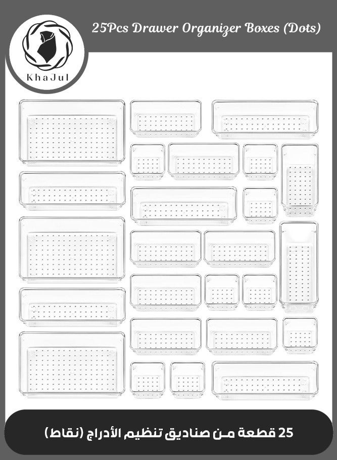 25 Pack Desk Drawer Organisers, 4 Size Plastic Drawer Storage Bins for Kitchen, Bathroom, Bedroom, Office, Utensils, Makeup, Jewelries, Gadgets (Clear) - Image 1