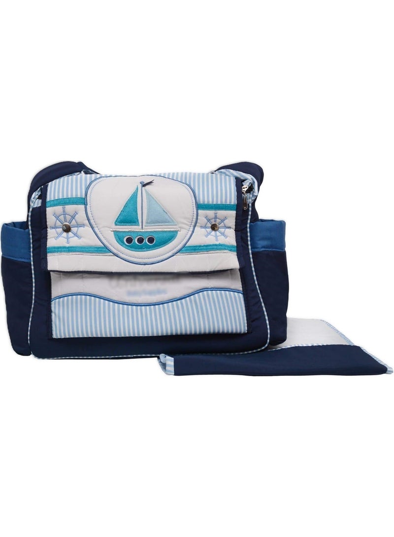 **Baby Essentials Bag – Nautical Design with Boat Print, Striped Blue**  - Image 1