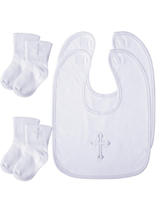 Jiuguva Jiuguva 4 Pcs Baptism Gifts for Boys Girls, Christening Bibs and Socks Set White Embroidered Cross Baptism Outfit for Baby(6-12month) - Image 1