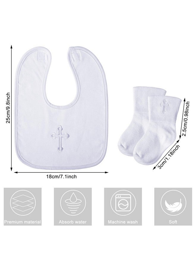 Jiuguva Jiuguva 4 Pcs Baptism Gifts for Boys Girls, Christening Bibs and Socks Set White Embroidered Cross Baptism Outfit for Baby(6-12month) - Image 2