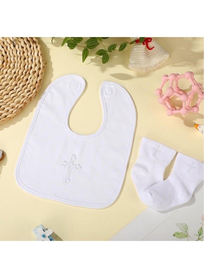 Jiuguva Jiuguva 4 Pcs Baptism Gifts for Boys Girls, Christening Bibs and Socks Set White Embroidered Cross Baptism Outfit for Baby(6-12month) - Image 4