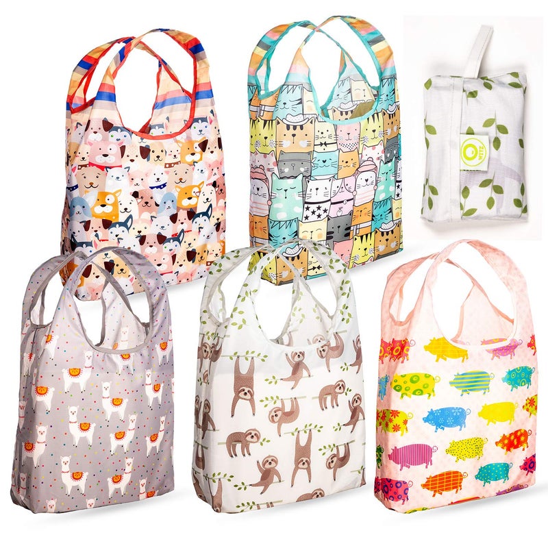 OWITZ Reusable Grocery Bags  Vibrant Tote Bag For Groceries Gym Office Beach  More  Washable Design With Large Handles For Maximum Convenience  Folds Into A Small Pouch 5 Pack Animals