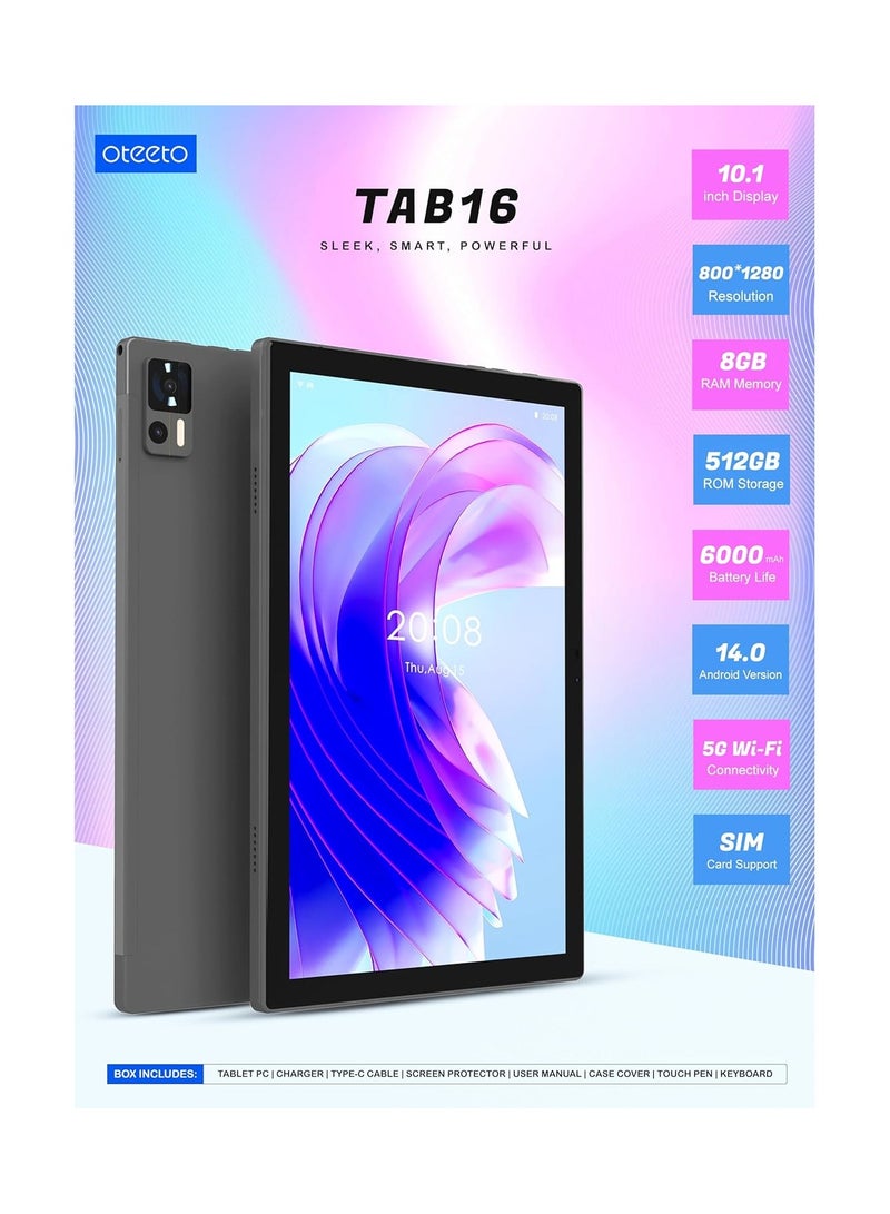 Oteeto TAB 16 tablet/10.1 Inch IPS LCD/Octa Core 2.0GHz/Android 14/4G Connectivity/6000 mah battery/12GB + 512 GB/8 Mp front + 13 Mp rear camera/keyboard/touch pen (Gray) - Image 3
