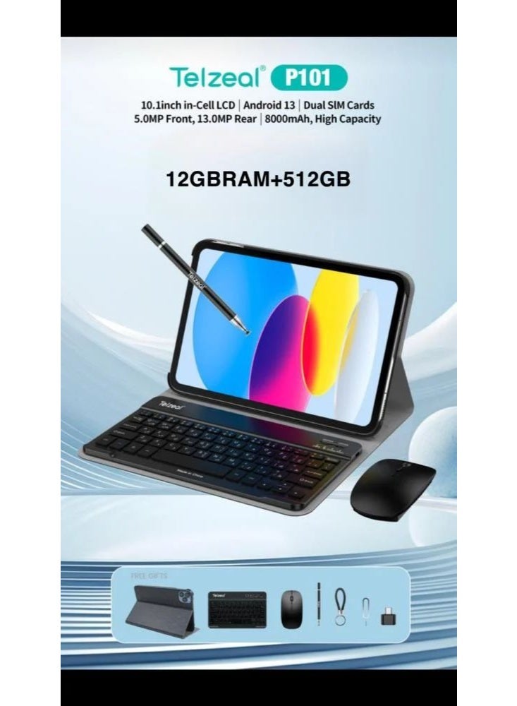 تلزيل جهاز لوحي ذكي P101 يعمل بنظام أندرويد 13، شاشة FHD مقاس 10.1 بوصة، ذاكرة وصول عشوائي (RAM) سعة 12 جيجابايت، وذاكرة قراءة فقط (ROM) سعة 512 جيجابايت - مع بطارية قوية بسعة 8000 مللي أمبير في الساعة، لون فضي - Image 1