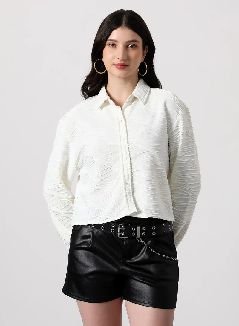 بينيا كولادا Women's Swirl-Tactile Crop Boxy Shirt | Spread Collar , Long Single-Button Cuff Sleeves, Button Closure | Solid Textured | Woven Shirt For Casual & Daily Wear | Cream White