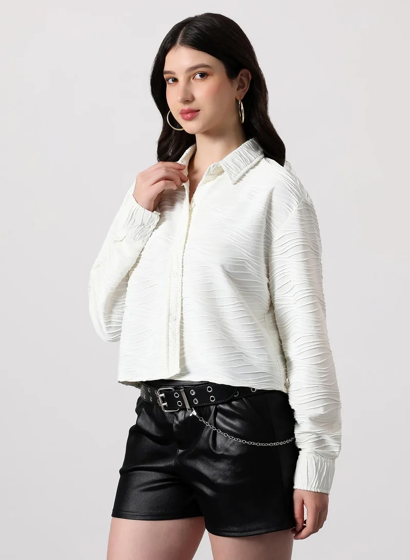 PINACOLADA Women's Swirl-Tactile Crop Boxy Shirt | Spread Collar , Long Single-Button Cuff Sleeves, Button Closure | Solid Textured | Woven Shirt For Casual & Daily Wear | Cream White