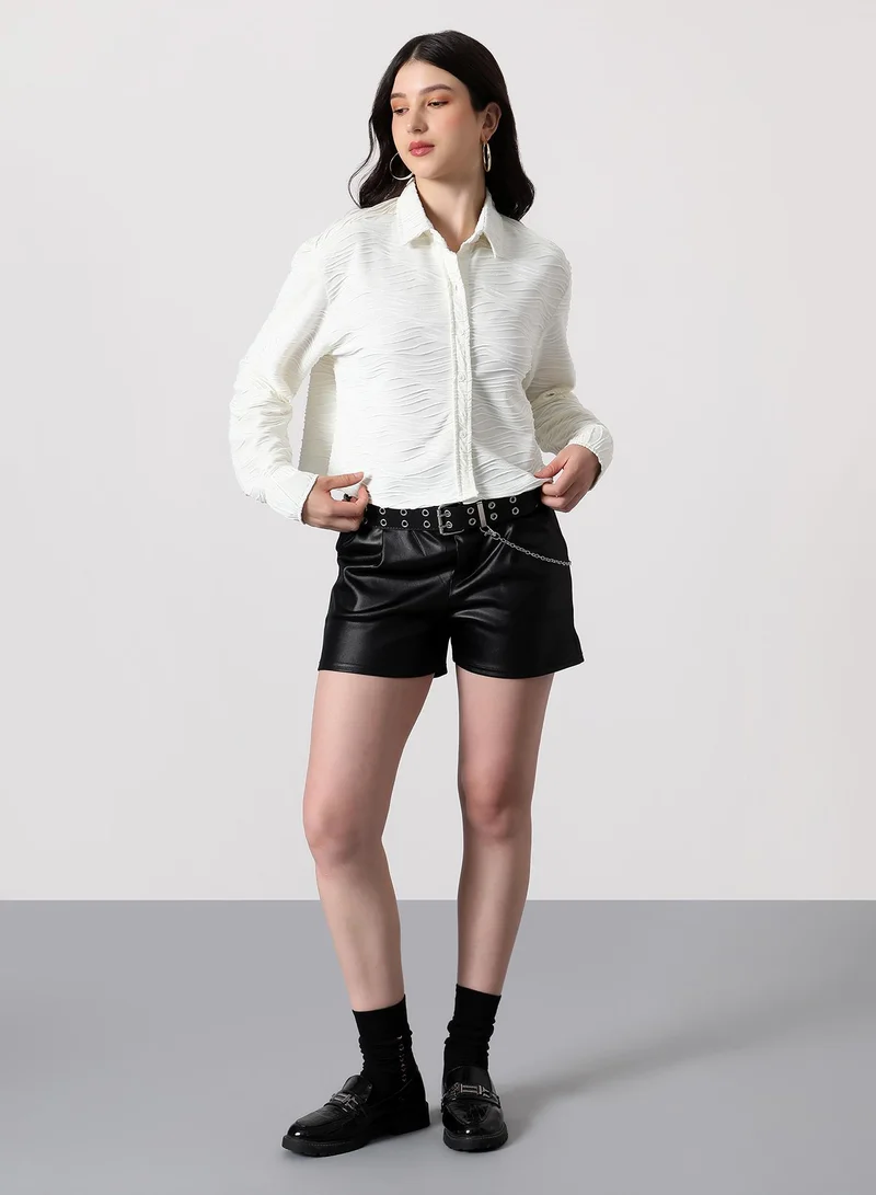 PINACOLADA Women's Swirl-Tactile Crop Boxy Shirt | Spread Collar , Long Single-Button Cuff Sleeves, Button Closure | Solid Textured | Woven Shirt For Casual & Daily Wear | Cream White