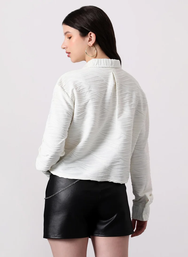 PINACOLADA Women's Swirl-Tactile Crop Boxy Shirt | Spread Collar , Long Single-Button Cuff Sleeves, Button Closure | Solid Textured | Woven Shirt For Casual & Daily Wear | Cream White