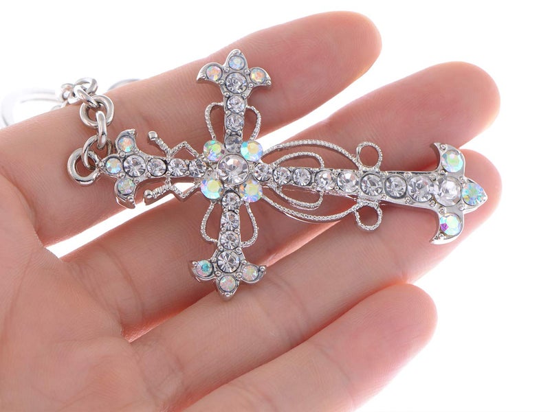 Alilang Crystal Rhinestone God Blessed Flower Floral Holy Cross Hook Key Chain, Aurora Borealis - Image 5