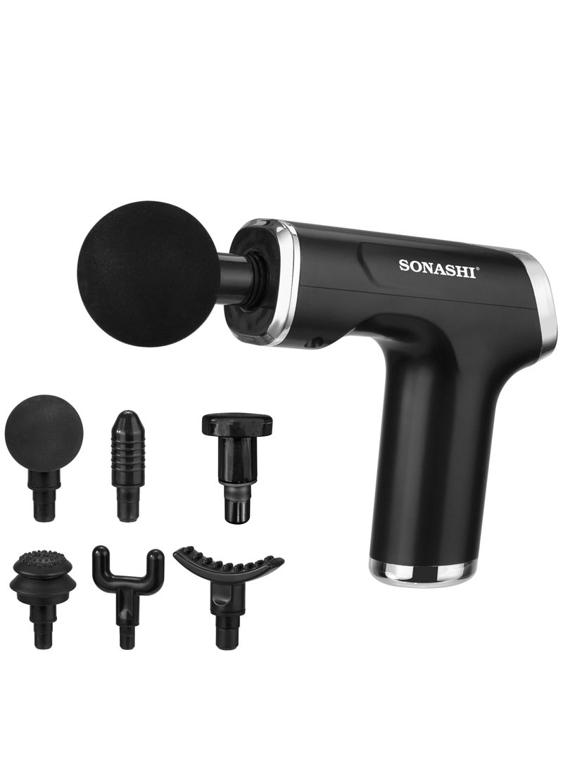 SONASHI 6 in 1 Massage Gun – with Heat Deep Tissue Muscle | Massage Gun for full body with 6 Detachable Heads | Battery-Powered Handheld Massager with 6 Speeds | 3-6 Hours of Continuous Working SGM-666 Black  - Image 1