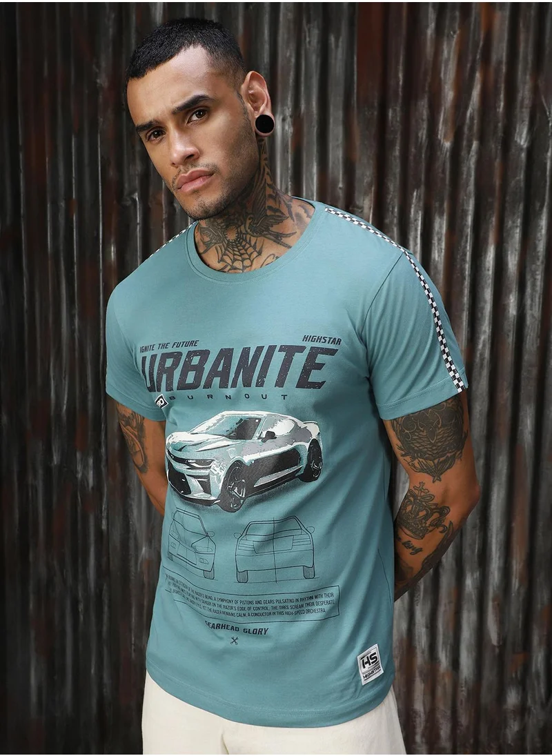 HIGH STAR Men's Blue 100% Cotton Printed T-Shirt