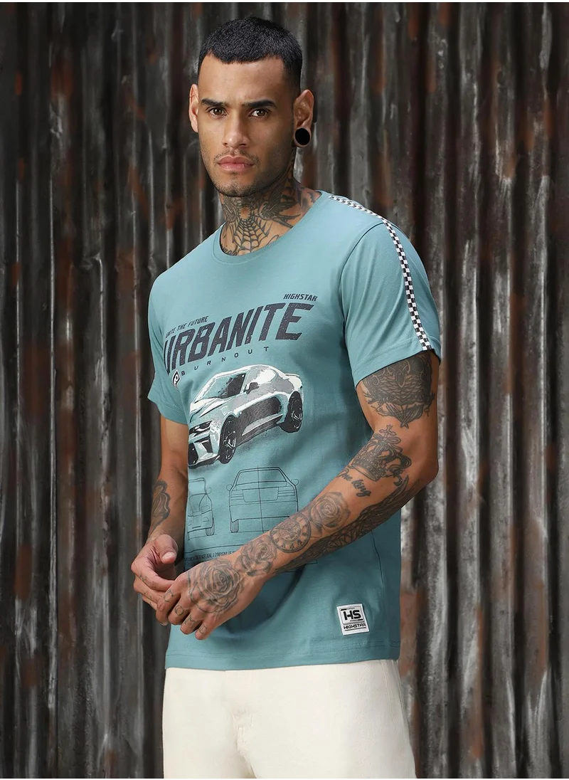 HIGH STAR Men's Blue 100% Cotton Printed T-Shirt