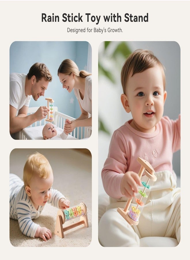 IEATFO Rain Stick Toy with Stand - Sensory Sound Training Tool for Kids, Tummy Time Musical Instrument for Infant Development | Rainmaker with Wooden Base, Clear Tube, Colored Flower Discs and Beads - Image 2