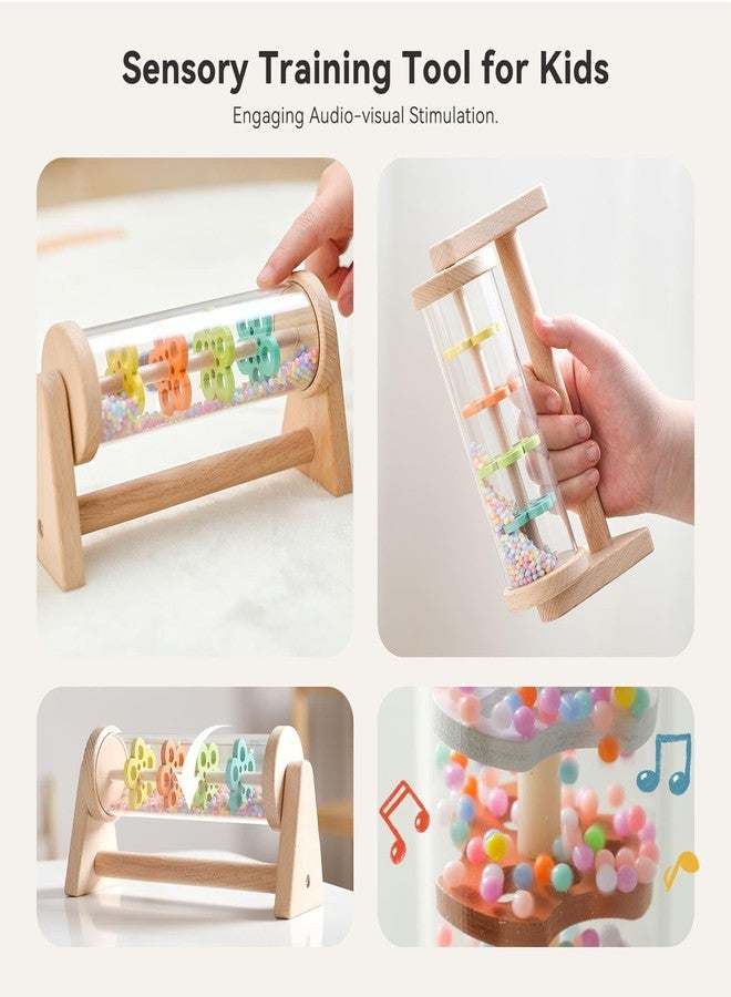 IEATFO Rain Stick Toy with Stand - Sensory Sound Training Tool for Kids, Tummy Time Musical Instrument for Infant Development | Rainmaker with Wooden Base, Clear Tube, Colored Flower Discs and Beads - Image 3