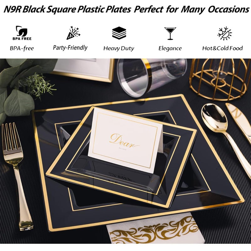 N9R 60 Pack Black Square Plastic Plates with Gold Rim Include 30 Disposable Dinner Plates 9.5 Inch and 30 Dessert Plate 6.5 Inch, Fancy Plate for Party, Wedding, Halloween and Daily Use - Image 3