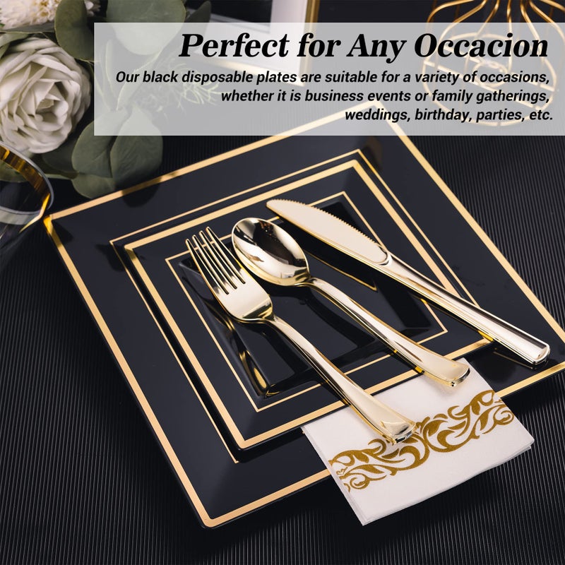 N9R 60 Pack Black Square Plastic Plates with Gold Rim Include 30 Disposable Dinner Plates 9.5 Inch and 30 Dessert Plate 6.5 Inch, Fancy Plate for Party, Wedding, Halloween and Daily Use - Image 4