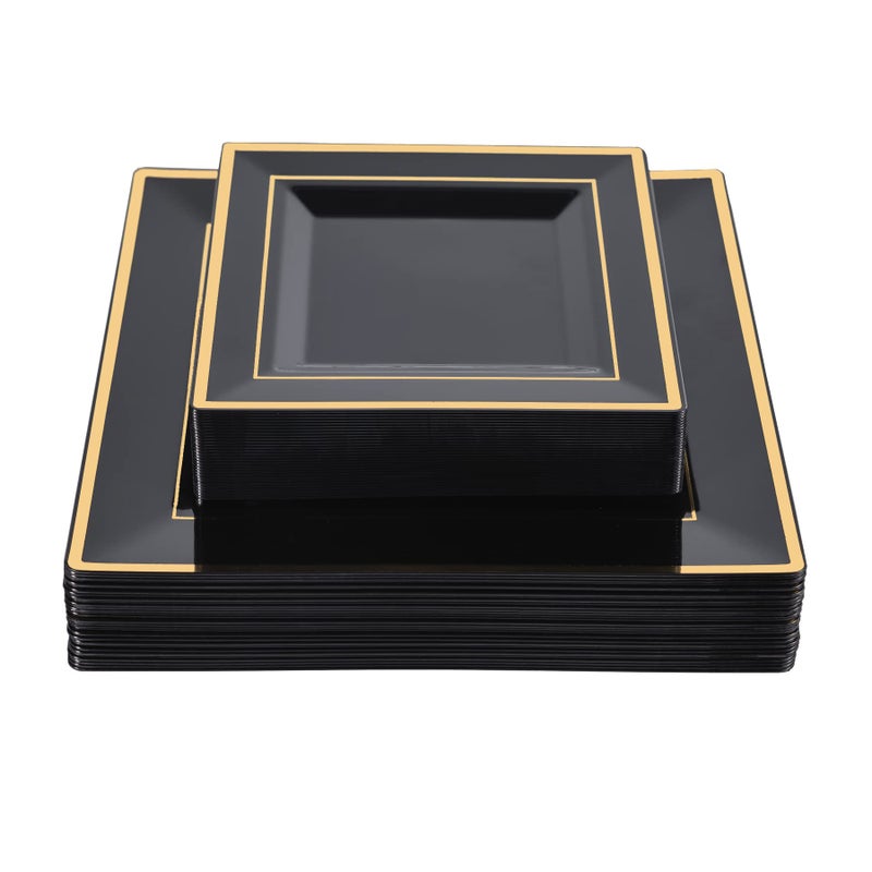 N9R 60 Pack Black Square Plastic Plates with Gold Rim Include 30 Disposable Dinner Plates 9.5 Inch and 30 Dessert Plate 6.5 Inch, Fancy Plate for Party, Wedding, Halloween and Daily Use - Image 1