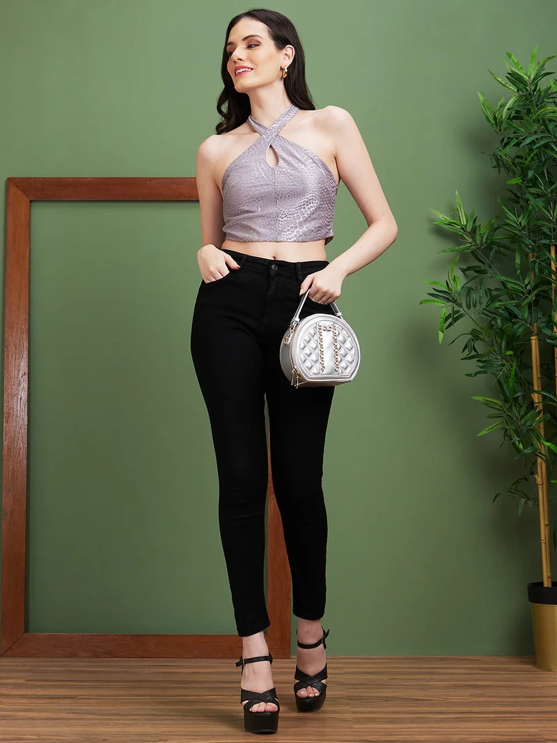 globus Women Grey Self Design Halter Neck Net Crop Top