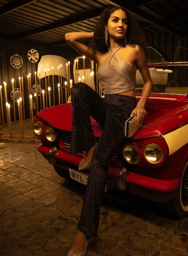 globus Globus Women Grey Self Design Halter Neck Net Party Crop Top