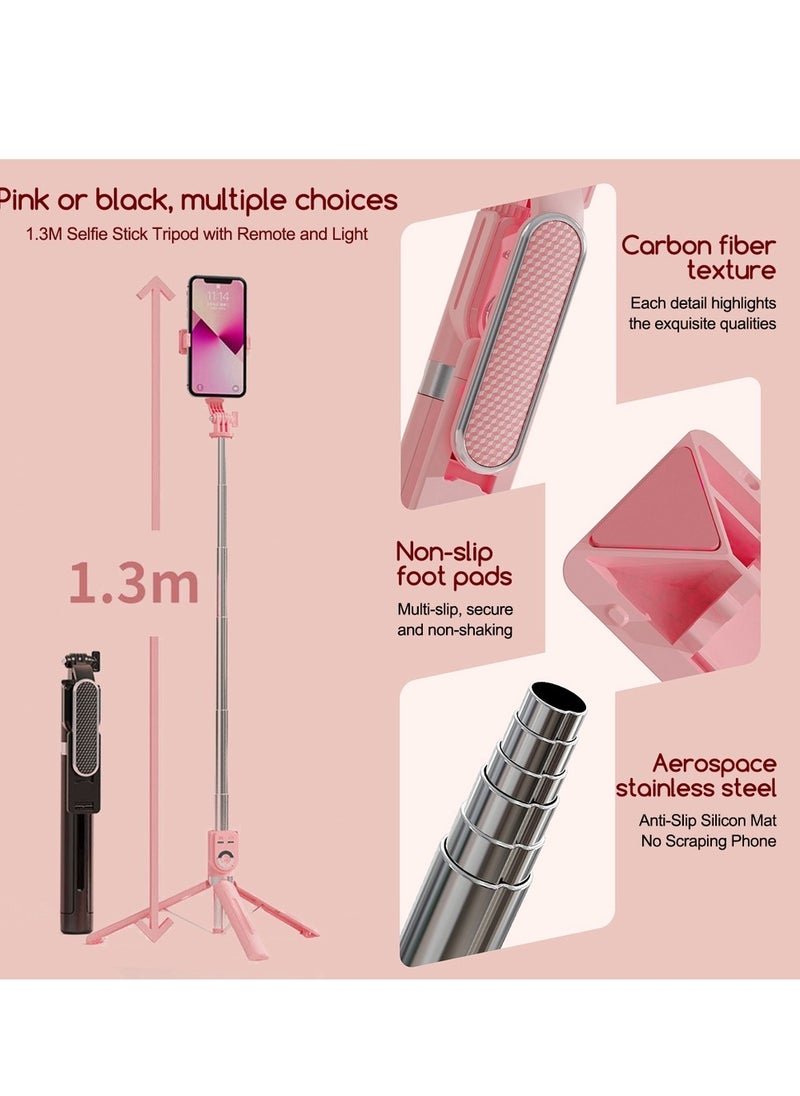 Generic - Extendable Selfie Stick with Bluetooth Wireless Remote, Pink, 1.3 Meters - Image 1