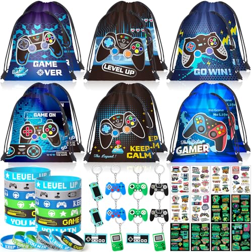 SNLN Video Game Party Favors Birthday Supplies Gamer Drawstring Bag Keychain Silicone Bracelet Tattoo Sticker Gamer Gaming Birthday Party Favor Goodie Bag Stuffers Fillers Classroom Rewards for Kids - Image 1
