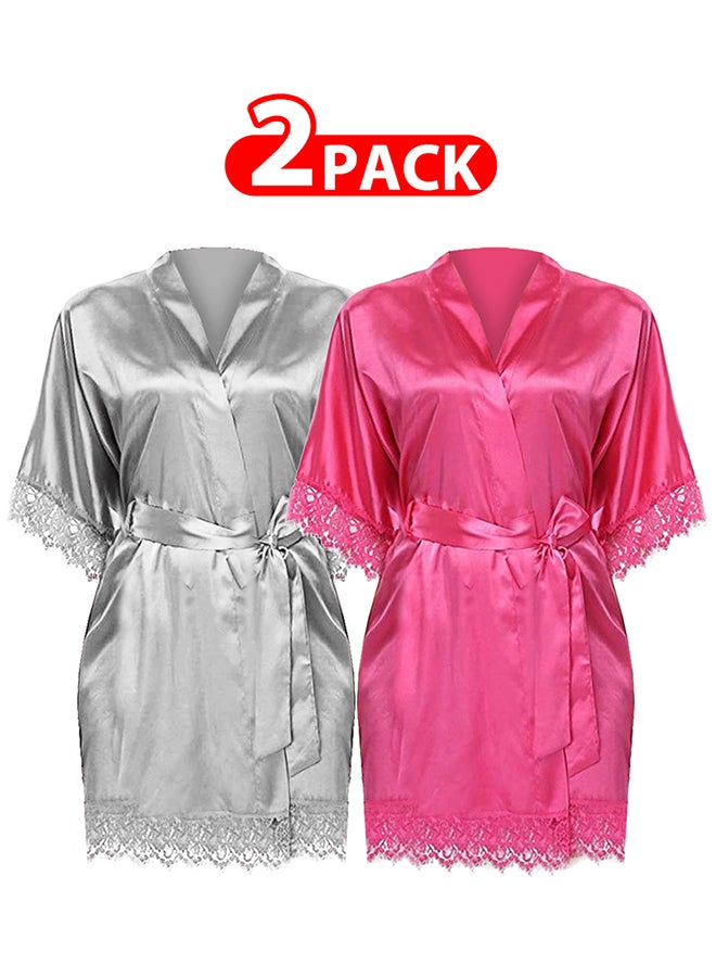 MARGOUN 2 Pack XXL Size Women Satin Robe Belted Silky Robe Sleepwear Bridal Robe Kimono Lace Sleeve Nightgown /XXL(bust:92-96/waist:76-80) - Image 1