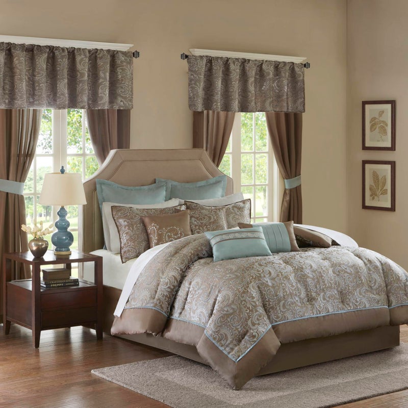madison park Madison Park Essentials Brystol 24 Piece Room in a Bag Faux Silk Comforter Jacquard Paisley Design Matching Curtains Down Alternative Hypoallergenic All Season BeddingSet King 104 in x 92 in Blue 
