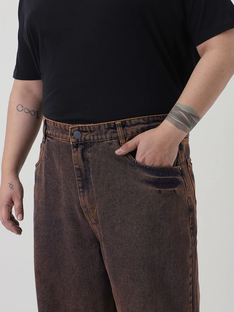 Urbano Fashion  Urbano Plus Men's Light Brown Loose Baggy Fit Washed Jeans Non-Stretchable  | Best Price UAE