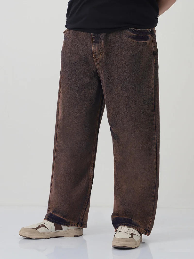 Urbano Fashion  Urbano Plus Men's Light Brown Loose Baggy Fit Washed Jeans Non-Stretchable  | Best Price UAE