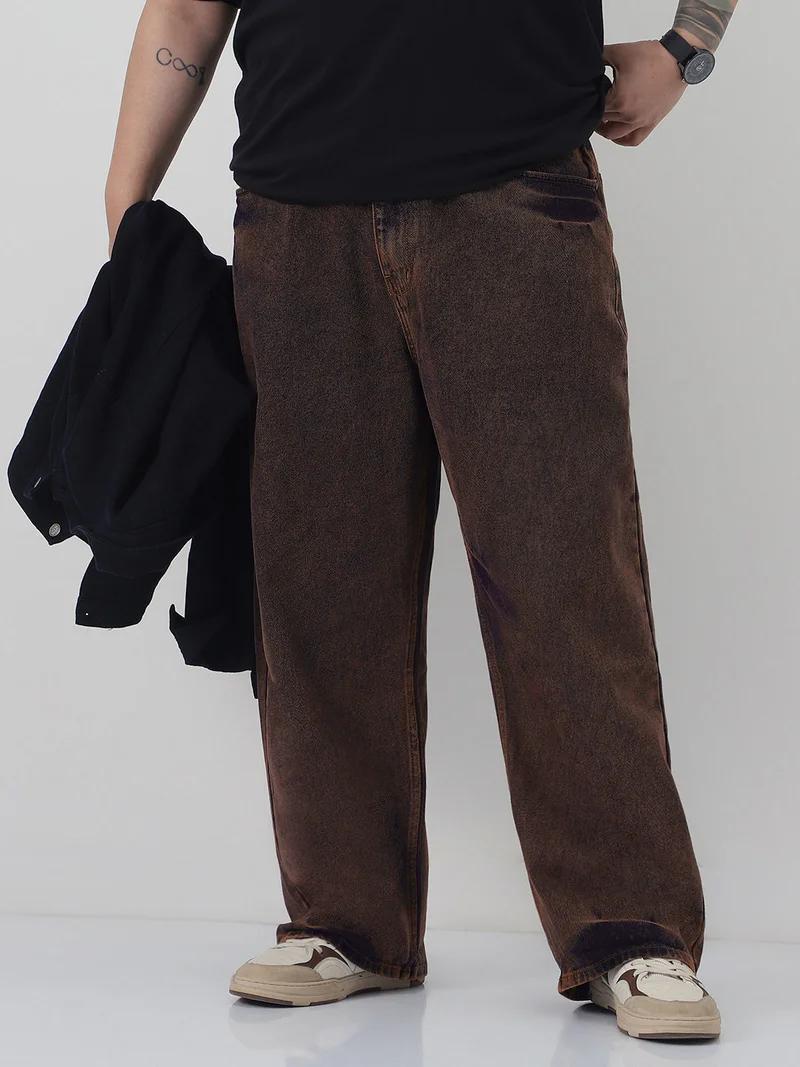 Urbano Plus Men's Light Brown Loose Baggy Fit Washed Jeans Non-Stretchable